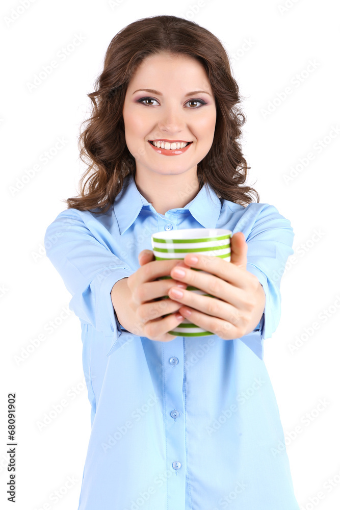 Young business woman with cup isolated on white Young business woman with cup isolated on white