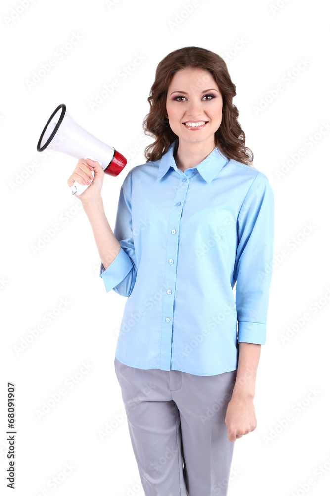 Young business woman with megaphone isolated on white Young business woman with megaphone isolated on white