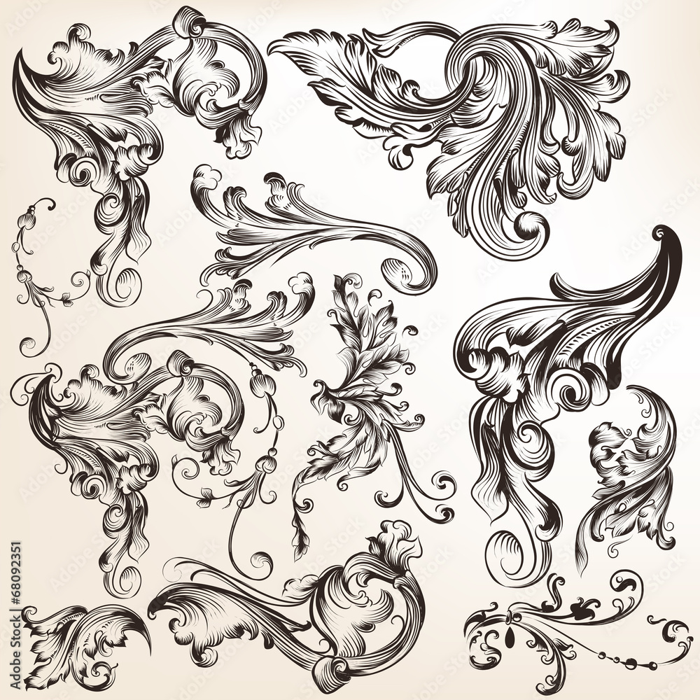 Collection of vector decorative swirl elements in vintage style