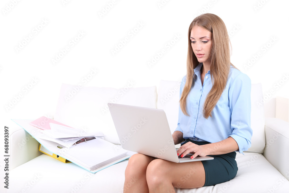 Business woman with documents and laptop at home Business woman with documents and laptop at home