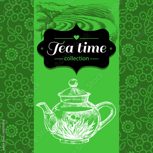 Tea vintage background. Hand drawn sketch illustration