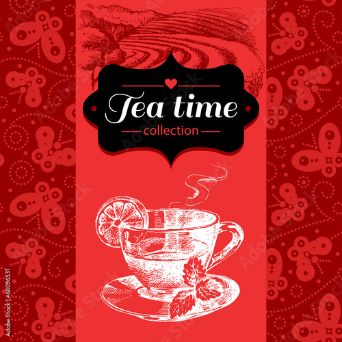 Tea vintage background. Hand drawn sketch illustration