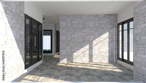 3D interior of the room inside a modern brick house.