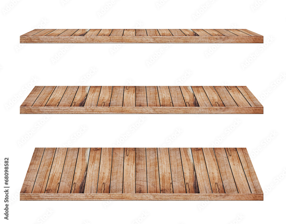 Obraz premium Wooden shelves isolated on white background