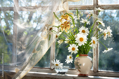 chamomilie flowers bouquet on the window sill photo