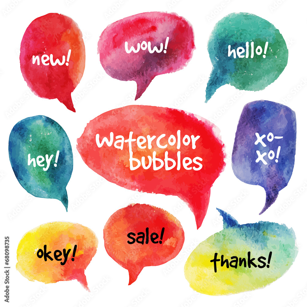 Watercolor speech bubbles set. Vector illustrations