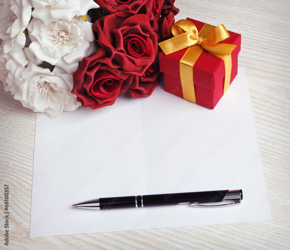 Greeting blank card with flowers and gift Greeting blank card with flowers and gift