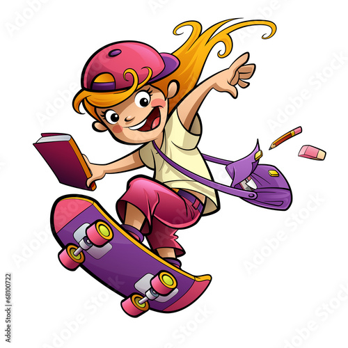 Cartoon happy smiling student girl with skateboard going to scho photo