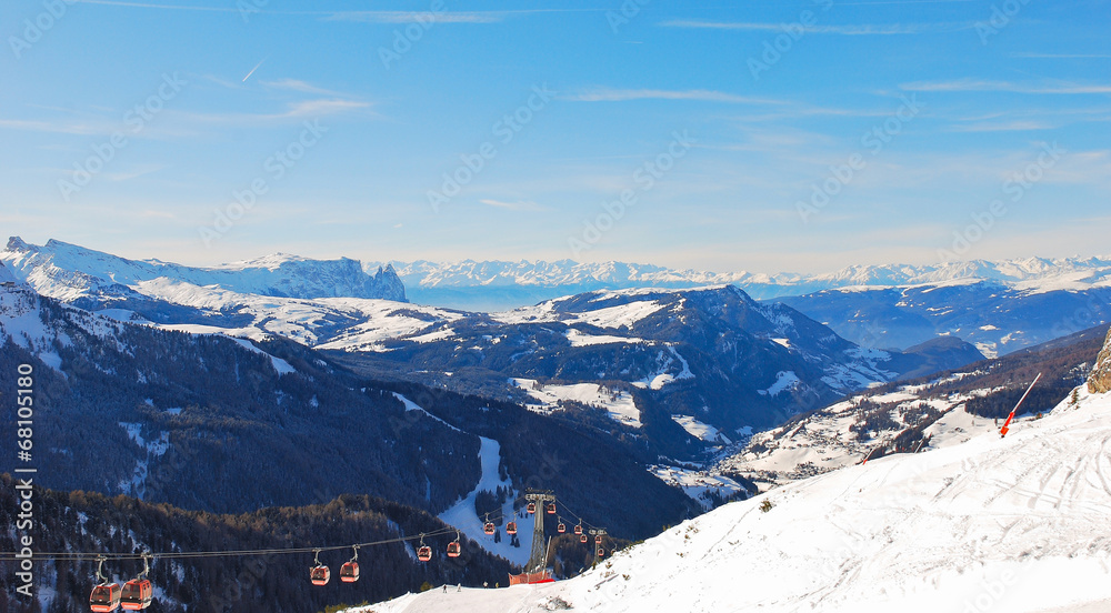 ski lift and panorama of Dolomites mountain, Italy
