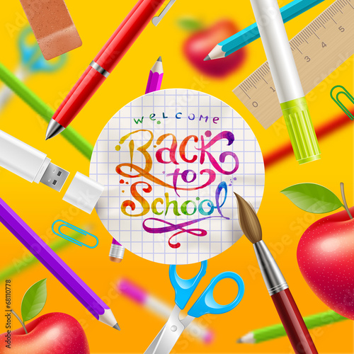 Back to school - illustration with lettering and stationery