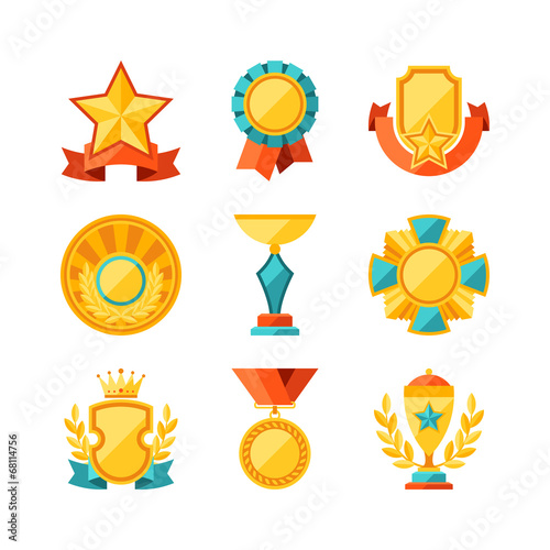Trophy and awards icons set in flat design style.