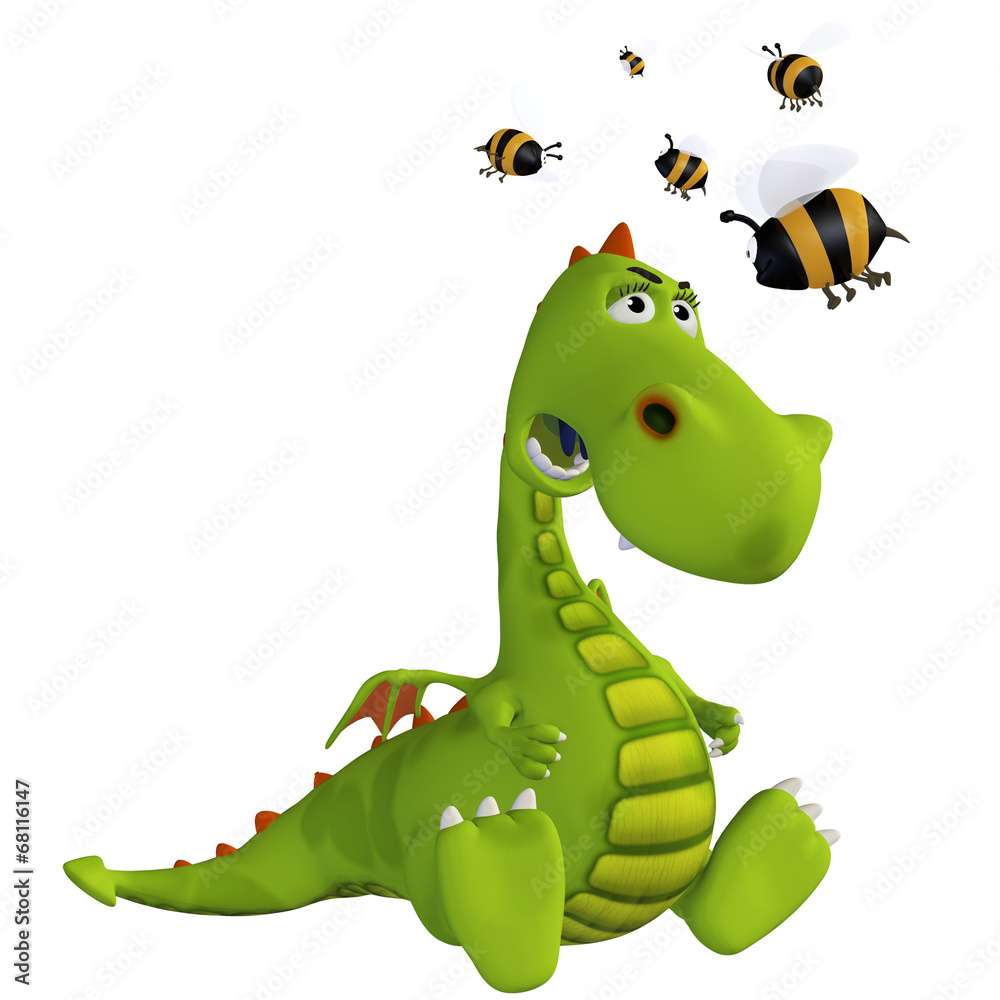 cartoon dragon with a bee - obrazy, fototapety, plakaty 