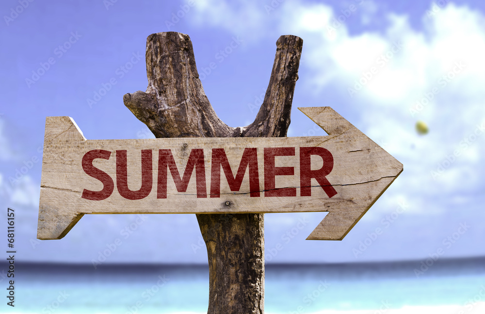 Summer wooden sign with a beach on background