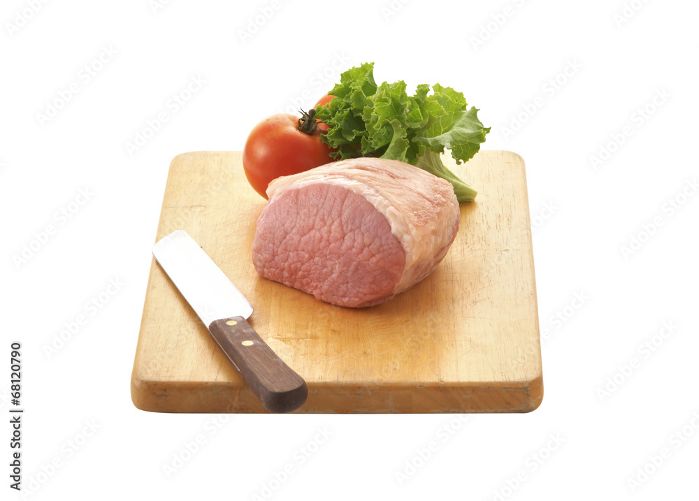 porkchop and tomato on wooden tray porkchop and tomato on wooden tray