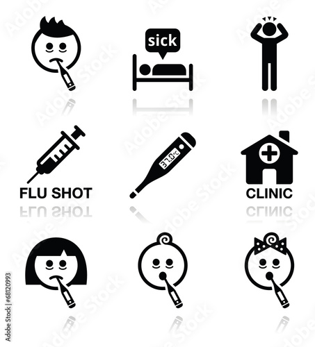 Cold, flu, sick people vector icons set