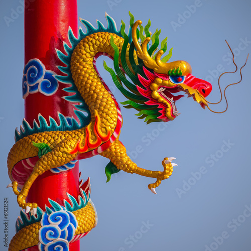 Chinese style dragon statue with blue sky