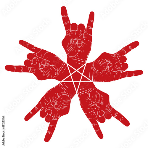Five rock hands abstract symbol with five point star, black and