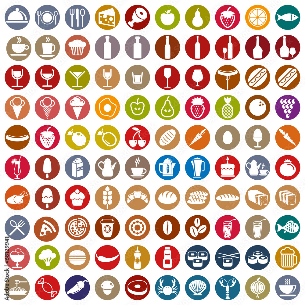 100 food and drink icons set. 100 food and drink icons set.