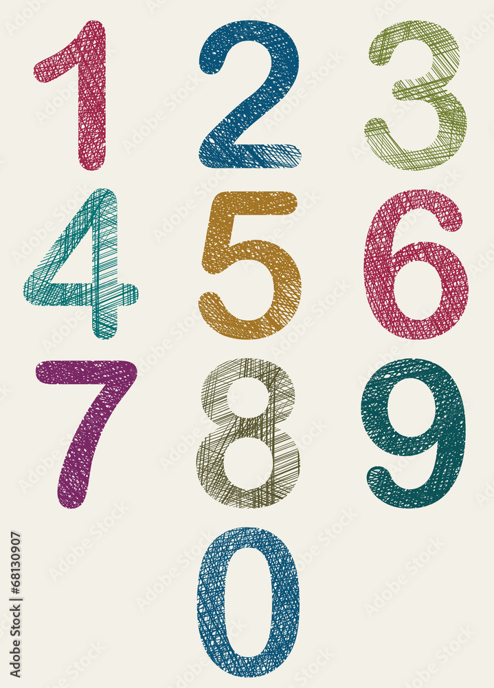 Hand drawn and sketched color numbers set. Hand drawn and sketched color numbers set.