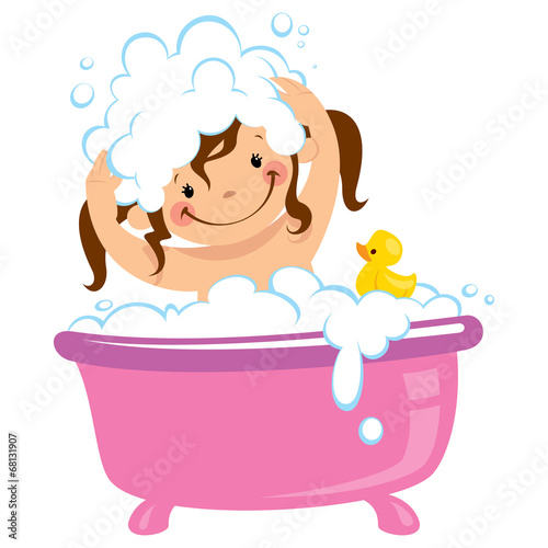 Baby kid girl bathing in bath tub and washing hair
