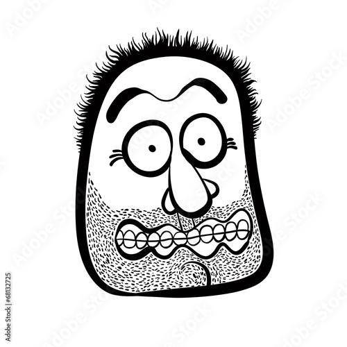 Shocked cartoon face with stubble, black and white