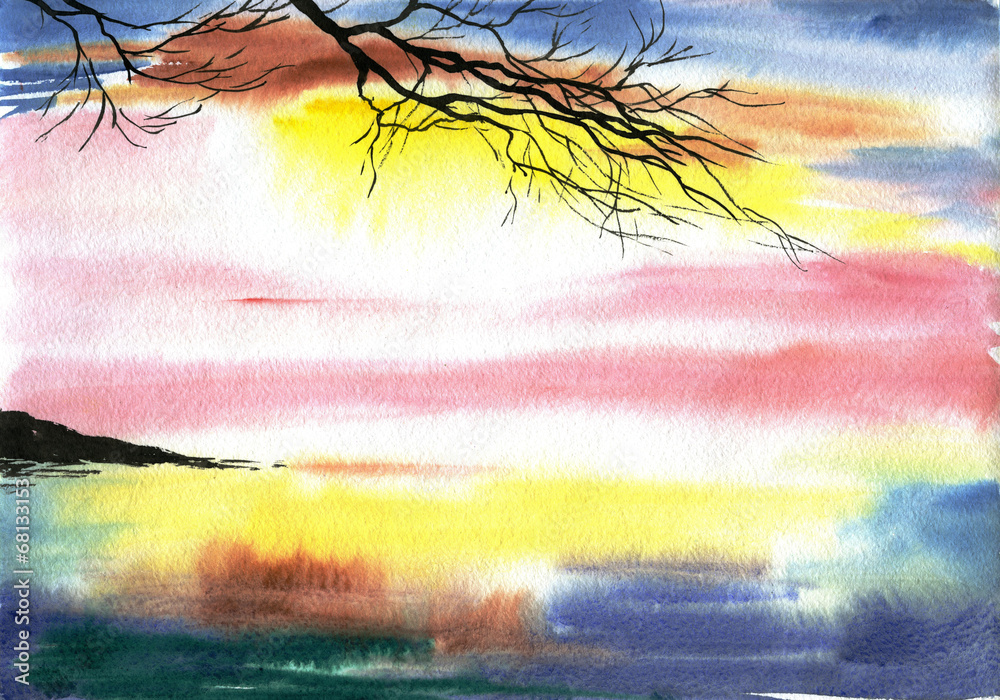 Fototapeta premium watercolor painting - sunset on the lake