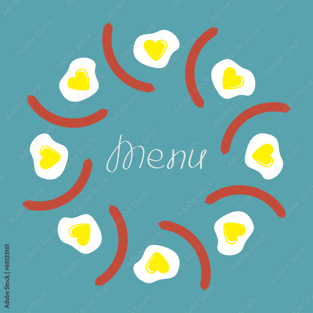 Egg and sausage round food frame. Menu cover. Flat design.
