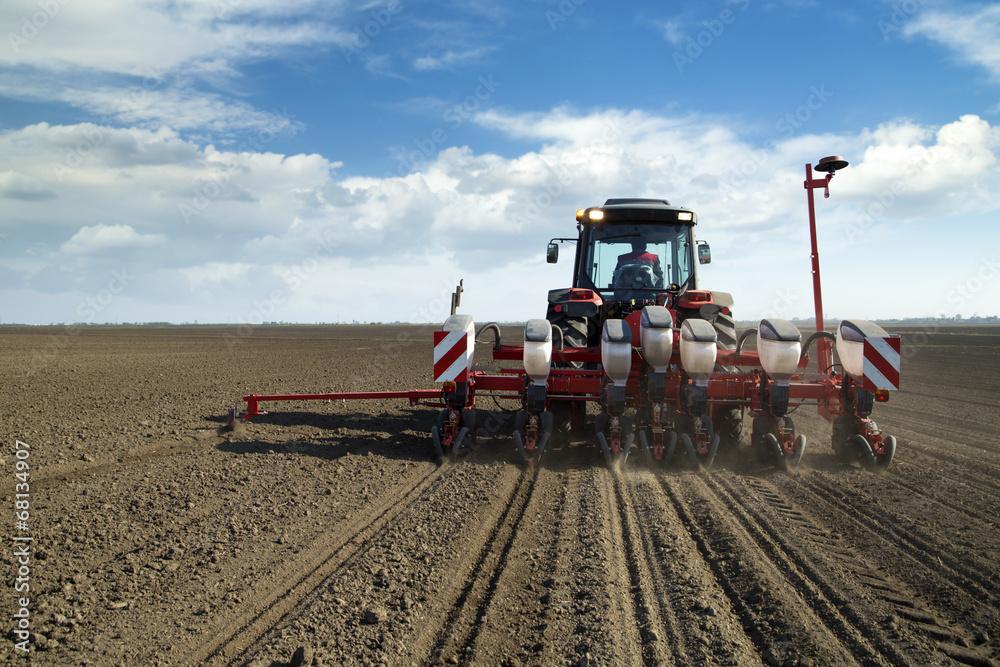 Fototapeta premium Farmer in tractor sowing corn maize crops