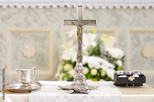 Obraz na plátně Baptism accessories prepared for ceremony
