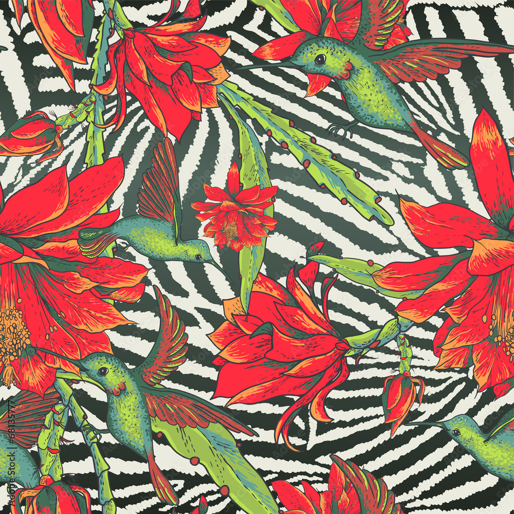 Tropical Seamless vintage floral pattern - obrazy, fototapety, plakaty 
