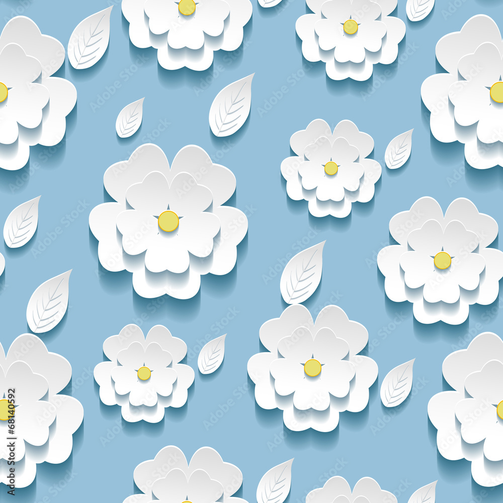 Seamless pattern with 3d white sakura