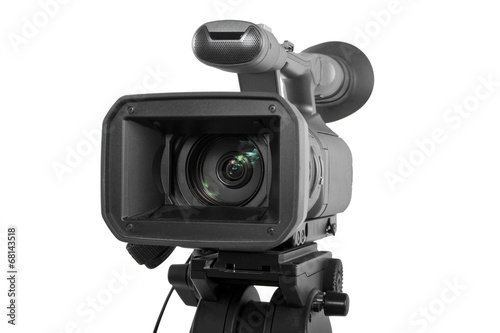 production camera on a tripod and isolated on white background