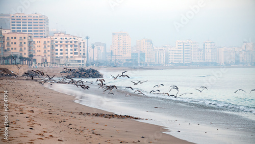 Atlantic ocean coast, morning on the beach. Tangier, Morocco