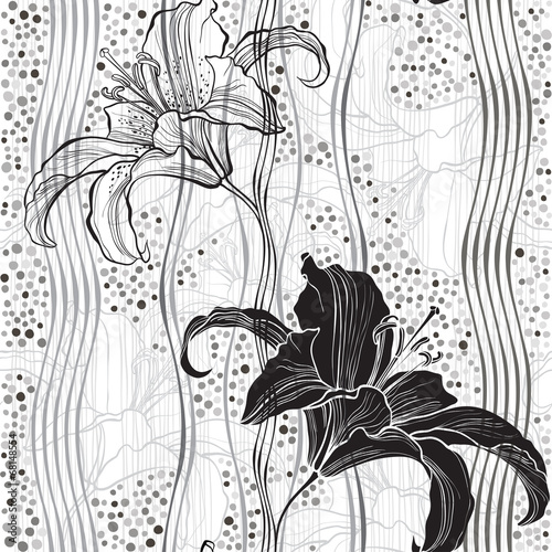 Fototapeta Naklejka Na Ścianę i Meble -  Monochrome seamless pattern with lilies.