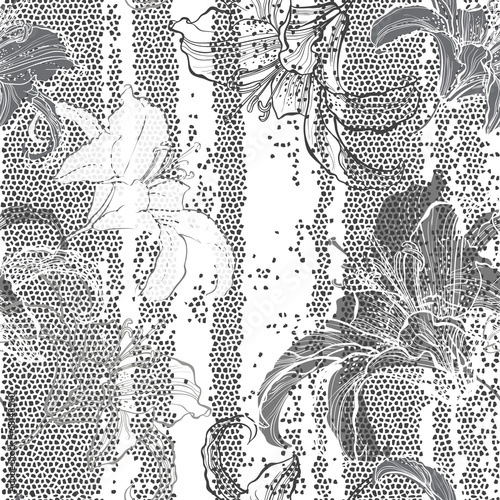 Monochrome seamless pattern with lilies. Hand-drawn floral backg