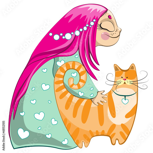 Small girl with red cat