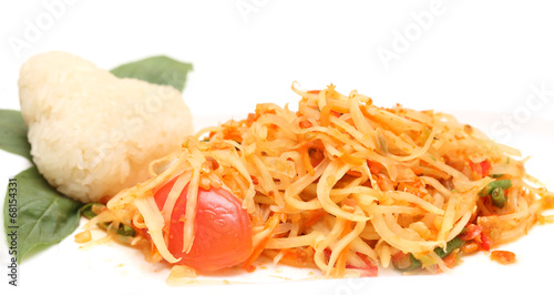 green papaya salad and sticky rice isolated on white background photo