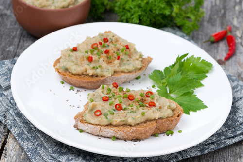 pate of white beans with spices on bread, horizontal