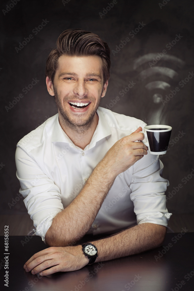 Conceptual picture of the man holding the cup with WiFi steam Conceptual picture of the man holding the cup with WiFi steam