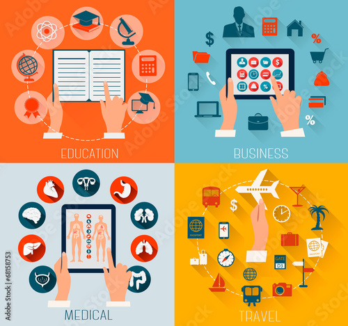 Set of flat design backgrounds for education, business, travel a