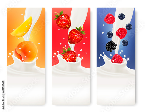 Three fruit and milk banners. Vector.