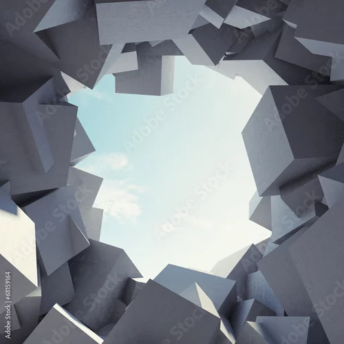 Obraz abstrakcyjny tunel z brył z widokiem na niebo