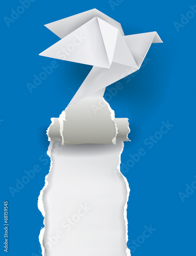 Origami Dove ripping blue paper