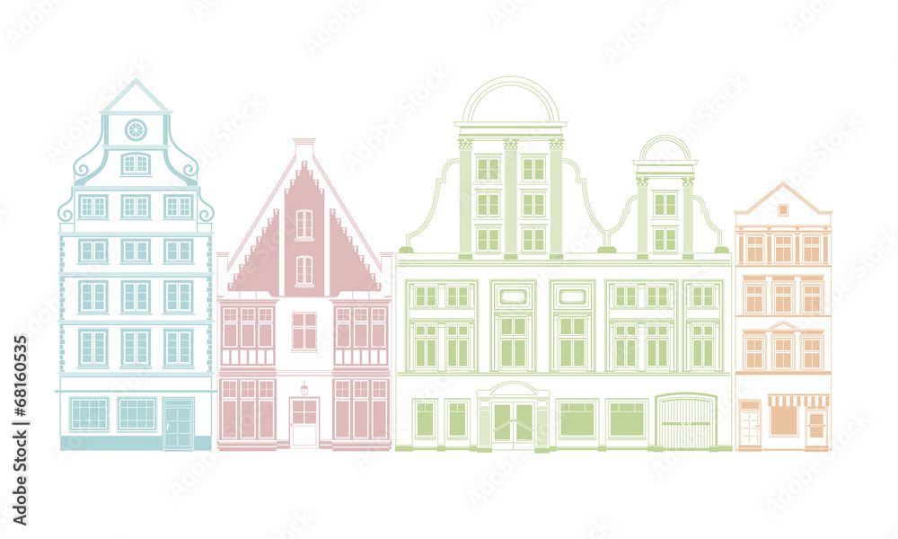 Row of four historic town houses vector illustration