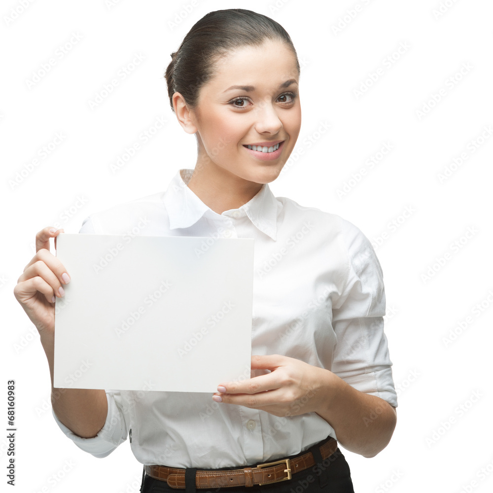 smiling businesswoman holding sign smiling businesswoman holding sign