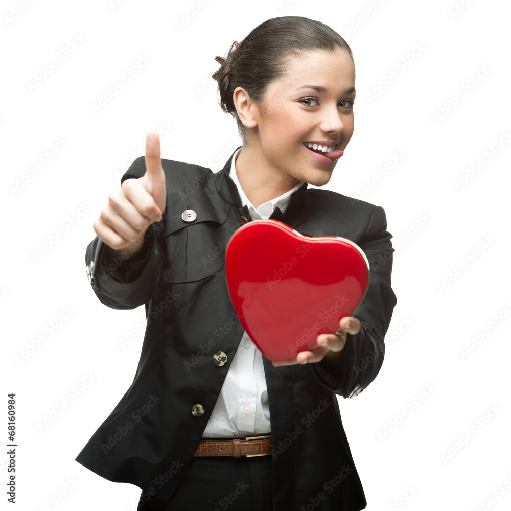 young cheerful businesswoman holding red heart young cheerful businesswoman holding red heart