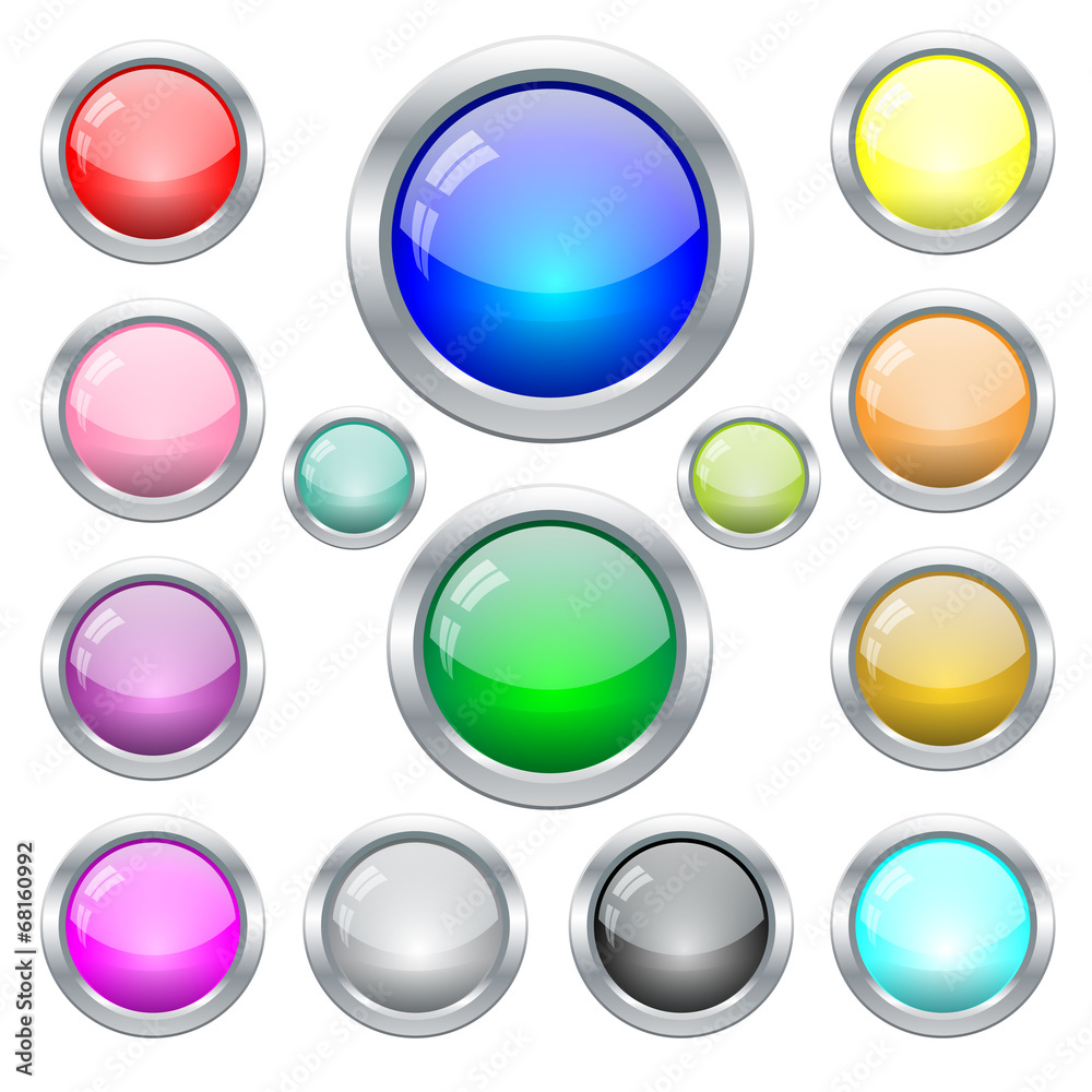 Set of colorfull glossy glass web buttons in metal frame Set of colorfull glossy glass web buttons in metal frame