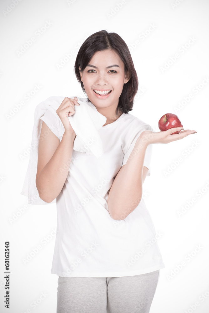 Smiling woman with apple isolated on white Smiling woman with apple isolated on white
