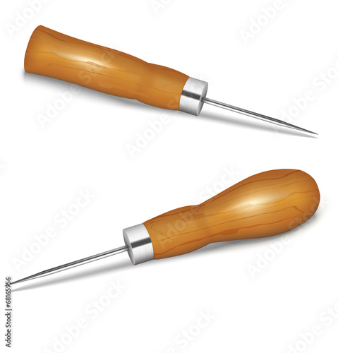 Awls with wooden handle on white background. Vector illustration