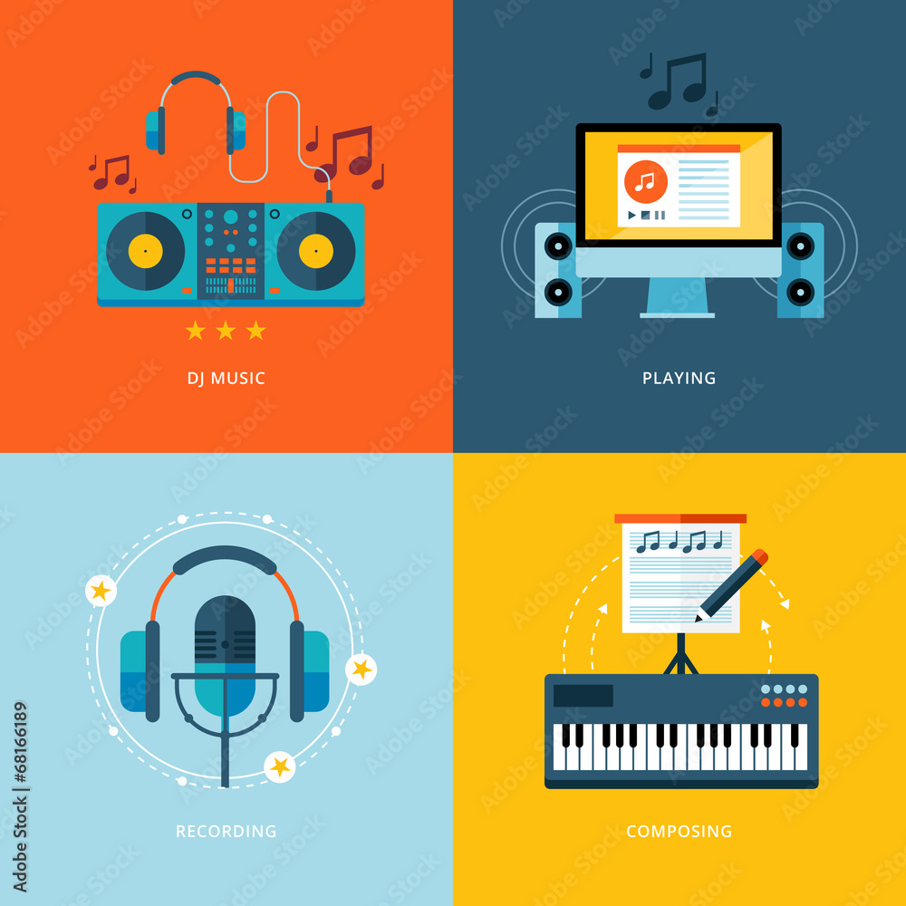 Fototapeta premium Set of flat design concept icons for music industry.